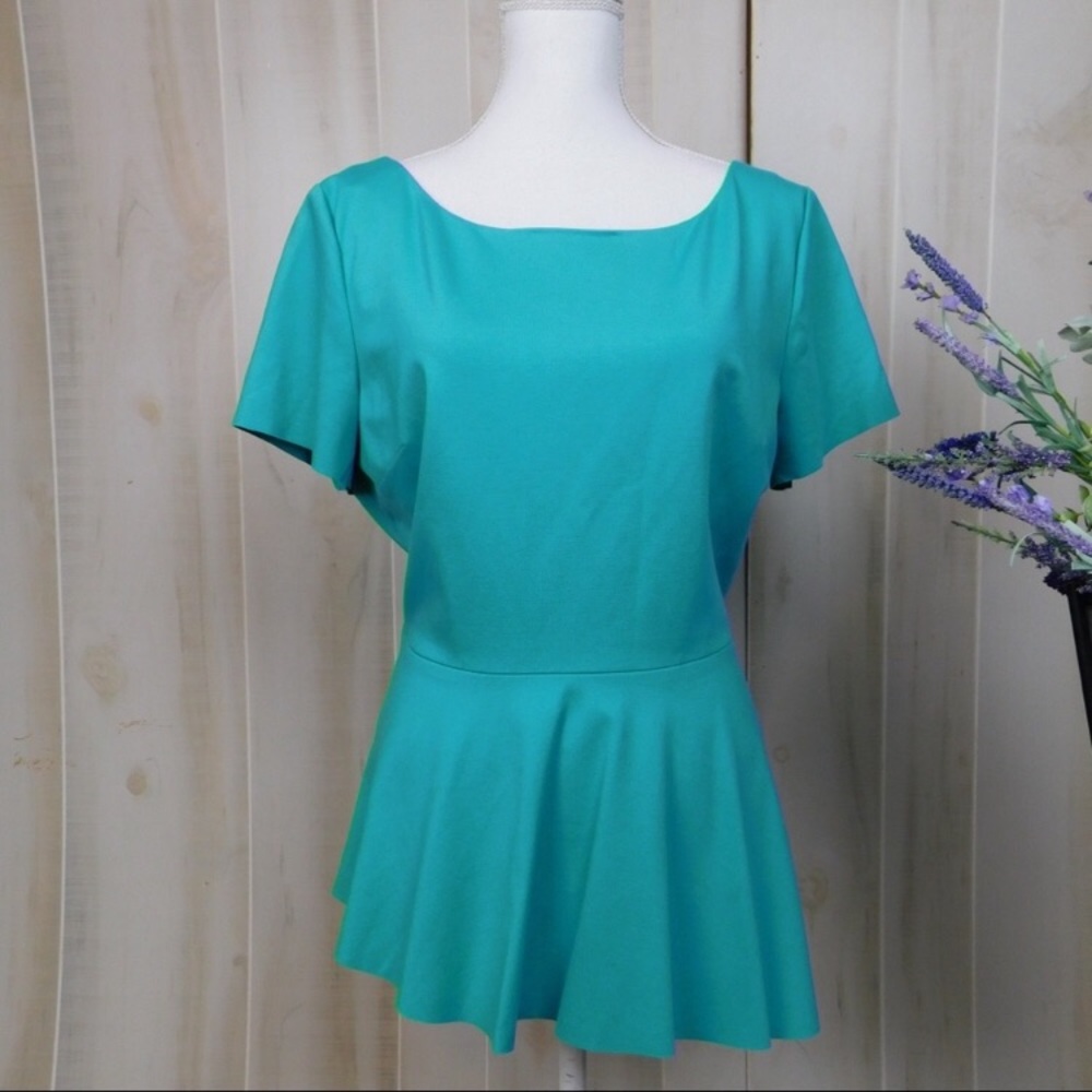 Elie Tahari Teal Asymmetrical Peplum/Short Sleeve Blouse